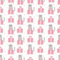 modèle sans couture de vecteur avec des chats et des coffrets cadeaux. illustration plate dessinée à la main. idéal pour le papier d'emballage. couleurs rose et gris