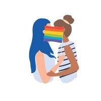 deux filles s'embrassent pour un drapeau lgbt. lesbiennes. mois de la fierté. femme aux longs cheveux bleus et mèche de cheveux. illustration vectorielle isolée sur fond blanc. vecteur