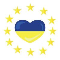 drapeau ukrainien en forme de coeur dans un cadre de douze étoiles de l'union européenne, illustration vectorielle sur fond blanc. symbole du coeur ukrainien, concept de soutien et de solidarité. vecteur