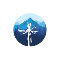 logo de paysage de forêt et de montagne avec symboles religieux