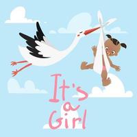 cigogne portant un bébé mignon c'est une fille dans le ciel avec illustration vectorielle de nuages. vecteur