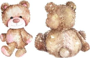 ours en peluche aquarelle. joli ours en peluche jouet marron pour les cadeaux de la Saint-Valentin. ours de dessin animé. animaux peints à l'aquarelle. vecteur