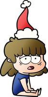 dessin animé dégradé d'une femme fatiguée portant un bonnet de noel vecteur