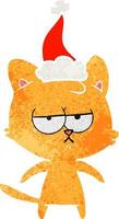 dessin animé rétro ennuyé d'un chat portant un bonnet de noel vecteur