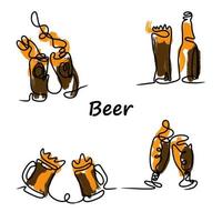 ensemble de bière, dessin au trait, couleur marron, verres et tasses à bière vecteur