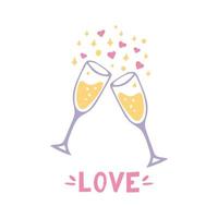 verres avec champagne et texte d'amour. style de griffonnage dessiné à la main. modèle de carte. , minimalisme. vacances, fête, amour, la saint valentin, anniversaire de mariage anniversaire vacances acclamations vecteur