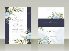 invitations de mariage de fleurs bleues élégantes vecteur