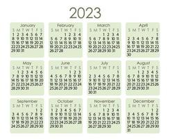 modèle de calendrier pour l'année 2023 dans un style minimaliste simple, formes carrées abstraites colorées vert clair sur le fond, la semaine commence le dimanche, page imprimable vectorielle vecteur