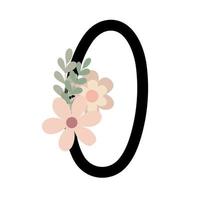 numéro zéro décoré de fleurs, illustration vectorielle de monogramme floral dans un style bohème simple, collection de lettrage décoratif plat de couleur pastel vecteur