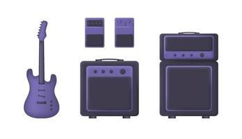 ensemble 3d violet de guitare électrique, amplificateur et pédales de guitare isolés sur fond blanc. illustration vectorielle vecteur