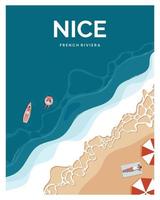 belle affiche de plage de la côte d'azur. vacances les gens nagent et bronzent sur la plage. paysage d'illustration vectorielle avec un style minimaliste. vecteur