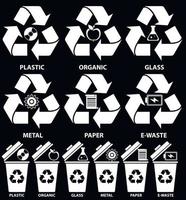 icônes de poubelles avec différents types de déchets organiques, plastique, métal, papier, verre, déchets électroniques pour le concept de recyclage dans un style plat isolé sur fond bleu. illustration vectorielle. vecteur