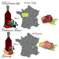 cabernet franc et gamay. la carte des vins. une illustration d'un vin rouge avec un exemple d'arômes, une carte du vignoble et des mets en accord avec le vin. arrière-plan pour le menu et la dégustation de vin. vecteur