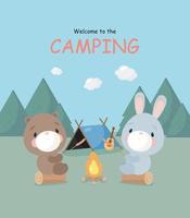 affiche de camping avec de jolies saucisses frites d'ours et de lapin. style bande dessinée. illustration vectorielle. vecteur