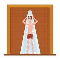 homme heureux prenant une douche dans le concept extérieur, illustration vectorielle plane. vecteur