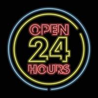 Illustration 24h/24. ouvrir l'icône 24h. enseigne au néon vectorielle ouverte vingt-quatre heures.