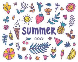 ensemble d'été. illustration vectorielle de griffonnages colorés de symboles saisonniers