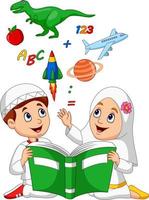 enfants musulmans de dessin animé lisant le concept d'éducation de livre vecteur