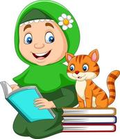 fille musulmane lisant un livre accompagné d'un chat vecteur