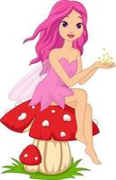 mignon dessin animé fée rose assis sur un champignon