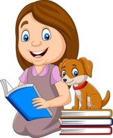 fille lisant un livre accompagné d'un chien vecteur