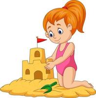 dessin animé fille heureuse faisant un château de sable vecteur