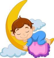 dessin animé bébé garçon dormant sur la lune vecteur