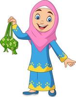 jolie fille musulmane tenant un ketupat vecteur