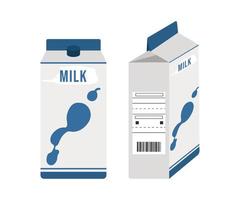 boîte de lait. illustration vectorielle d'un emballage simple avec une étiquette et un code-barres, vue de face et de côté. isolé sur fond blanc. vecteur