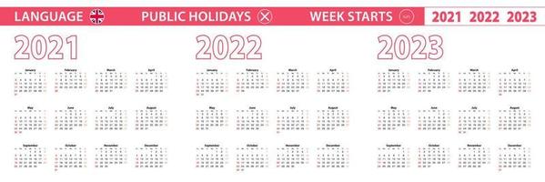 Calendrier vectoriel 2021, 2022, 2023 ans en anglais, la semaine commence le dimanche.