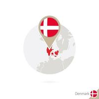 carte du danemark et drapeau en cercle. carte du danemark, épinglette du drapeau du danemark. carte du danemark dans le style du globe. vecteur