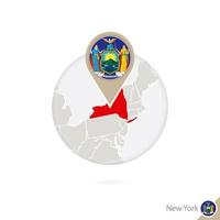 carte et drapeau de l'état américain de new york en cercle. carte de new york, épinglette du drapeau de new york. carte de new york dans le style du globe. vecteur