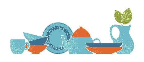 ensemble d'ustensiles de cuisine, illustration vectorielle mignon. collection de bols, assiettes, plats, tasse, théière et pichet