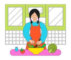 fille dans la cuisine préparant la salade, illustration vectorielle plane. femme cuisinant des aliments sains, mélange des légumes frais et des épices dans un bol vecteur