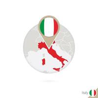carte de l'italie et drapeau en cercle. carte de l'italie, épinglette du drapeau de l'italie. carte de l'italie dans le style du globe. vecteur