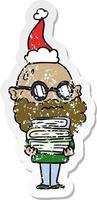 caricature d'autocollant en détresse d'un homme inquiet avec barbe et pile de livres portant un bonnet de noel vecteur