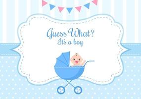 photo de naissance est-ce un garçon avec une image de bébé et une illustration de dessin animé de fond de couleur bleue pour carte de voeux ou enseigne vecteur