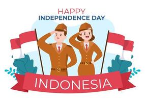 fête de l'indépendance de l'indonésie le 17 août avec jeux traditionnels, drapeau rouge blanc et personnage de personnes en illustration de fond de dessin animé mignon plat vecteur