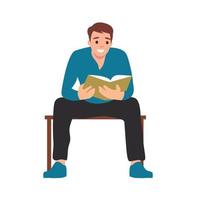 homme plat avec livre de lecture de vêtements à la maison. concept relax caractère étudiant, chambre, jour. illustration vectorielle. isolé sur fond blanc vecteur