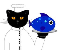 le mignon cuisinier de chat noir porte du poisson sur un plateau. personnage de dessin animé. imprimer. illustration vectorielle isolée sur fond blanc vecteur