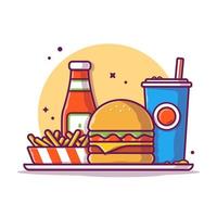 burger avec frites et illustration d'icône vectorielle de dessin animé soda. concept d'icône d'objet alimentaire isolé vecteur premium. style de dessin animé plat