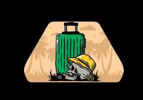 tête de mort portant un chapeau sous une illustration de valise de voyage vecteur