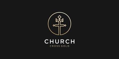 croix d'église or avec couronne dorée luxe élégant cristian religion foi roi création de logo vectoriel