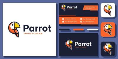 création de logo illustration plat mignon perroquet oiseau animal dessin animé avec modèle de carte de visite vecteur