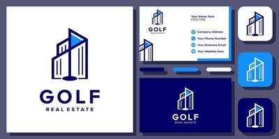 drapeau golf immeuble sport passe-temps immobilier création de logo vectoriel avec carte de visite