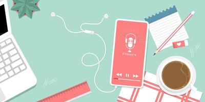 conception de la vue de dessus, journée de détente en jouant au podcast, illustration marketing en ligne. vecteur