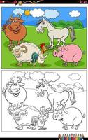 page de livre de coloriage de groupe d'animaux de ferme de bétail de dessin animé drôle vecteur