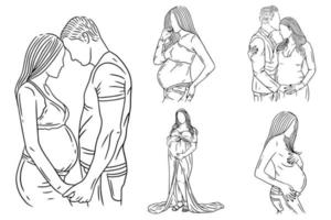ensemble bundle dessin au trait dessin simple maternité couple pose amour père et mère dessinés à la main vecteur