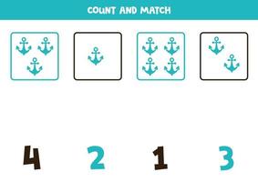 jeu de comptage pour les enfants. comptez toutes les ancres et faites correspondre les chiffres. feuille de travail pour les enfants. vecteur
