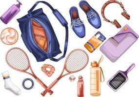 articles de sport. sac de sport, fusées de tennis chaussures bouteille serviette gadgets et cosmétiques vecteur